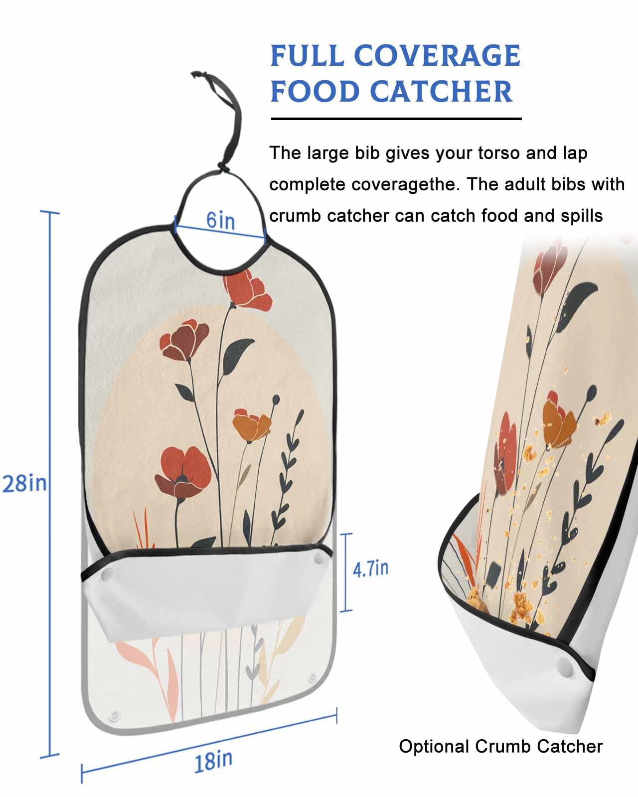 LEOKOTI Spring Floral Adult Bibs for Eating, Waterproof Bibs with Food Catcher & Adjustable Snap Closure, Middle Century Summer Botanical Boho Washable Clothing Protectors Adult Bibs for Elderly