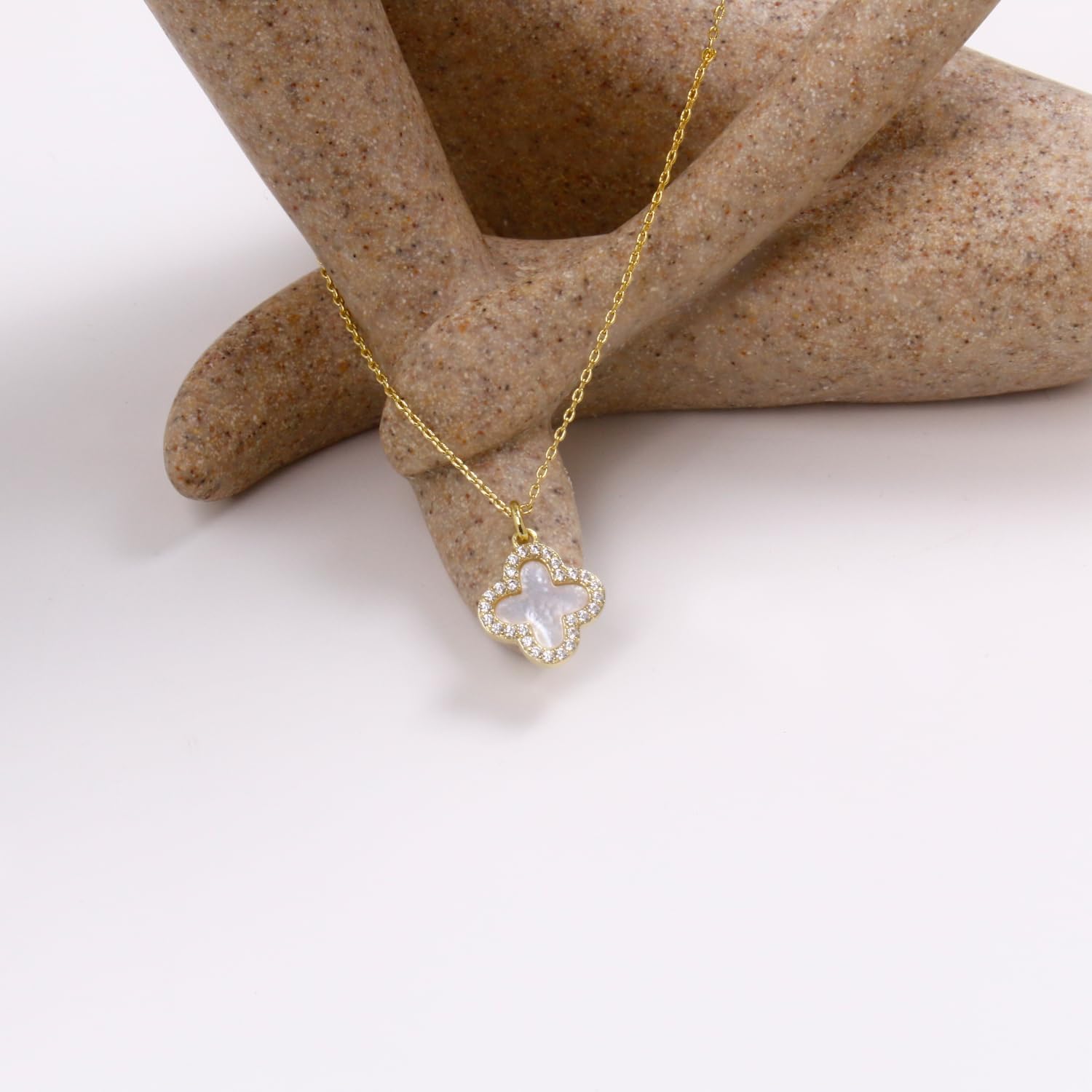 14K Gold Plated Four-Leaf Clover Necklace, Mother of Pearl Background with Cubic Zirconia Accents, Lucky Unisex Jewelry Pendant - Image 5