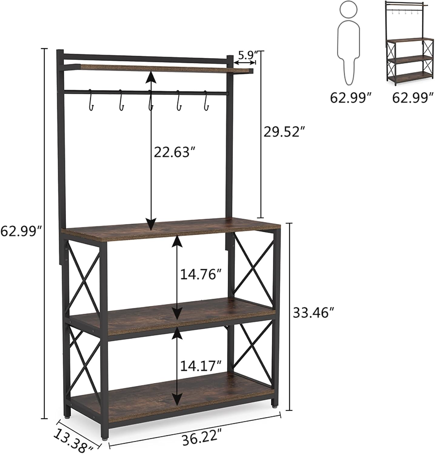 Tribesigns Industrial Kitchen Baker’s Rack, 4-Tier Utility Storage Shelf, Microwave Oven Stand Rack with 5 Hooks, Floor Standing Spice Rack Organizer Workstation, Brown