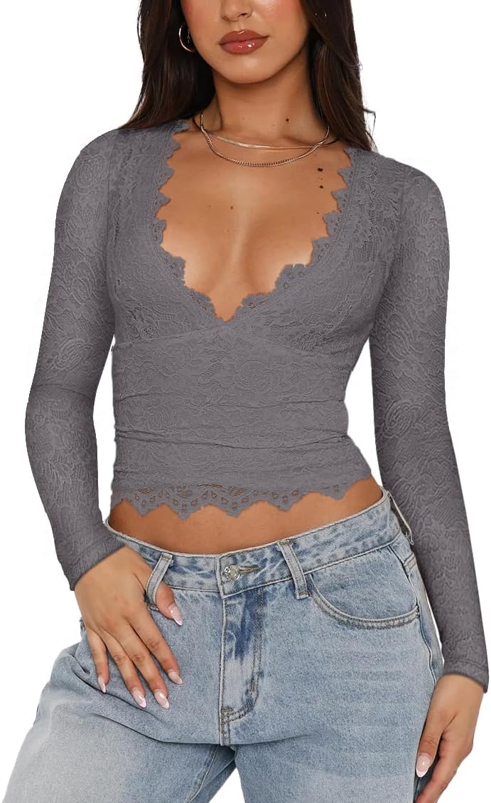 REORIA Women's Fashion Sexy V Neck Double Lined Long Sleeve Lace Tops Slim Fitted Fall Outfits Y2K Crop Tops for Women Night Out Deep Grey X-Large