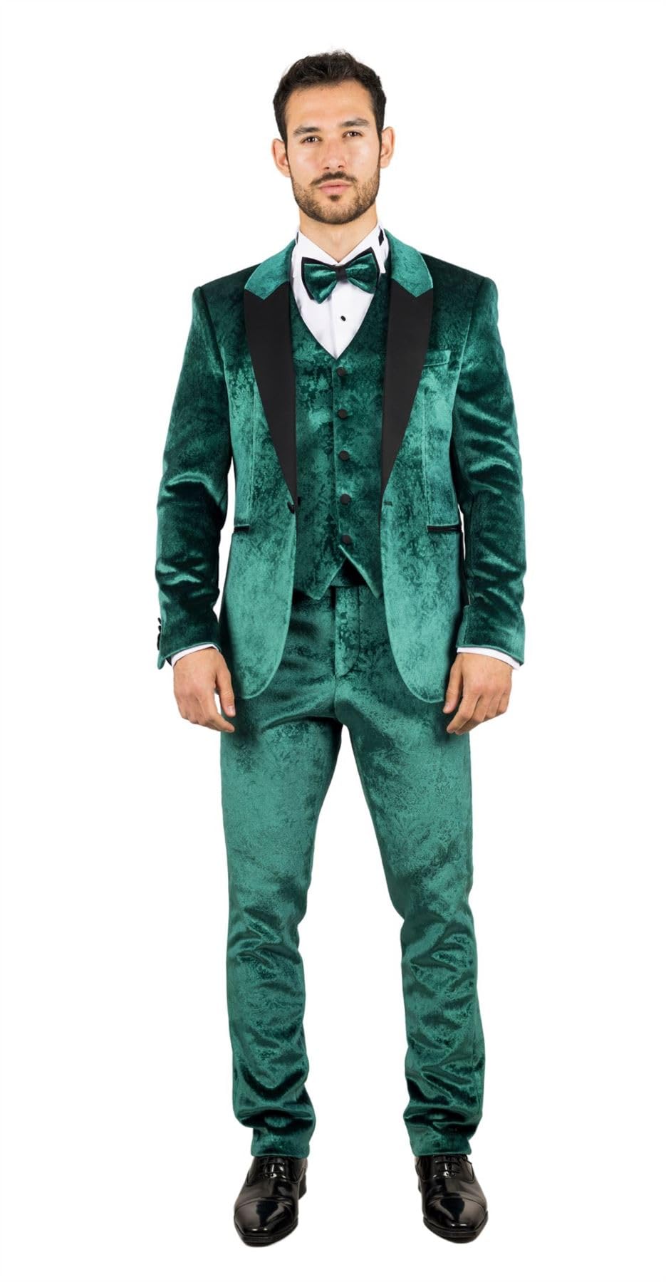 Men's Suit 3 Piece Green Velvet Paisley Shawl Collar Tailored Fit Wedding Tuxedo - Green 38