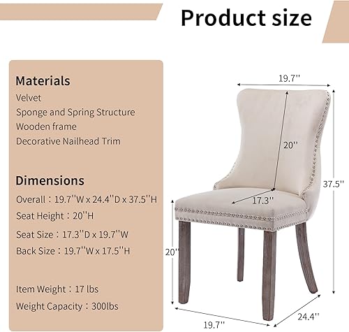 Miniatura 3 de Juego de 8 sillas de comedor modernas, sillas de comedor tapizadas con respaldo completo y acolchado de botón, silla decorativa de terciopelo beige,