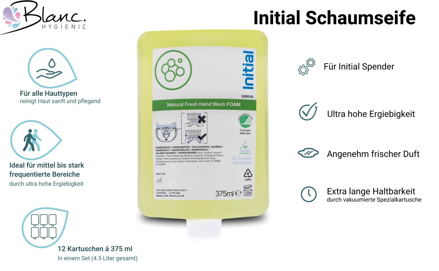 INITIAL Natural Fresh Schaumseife 12x375 ml SET | Initial Natural Fresh Schaumseife mit frischem Duft, 12x375 ml für bis zu 7.200 Anwendungen