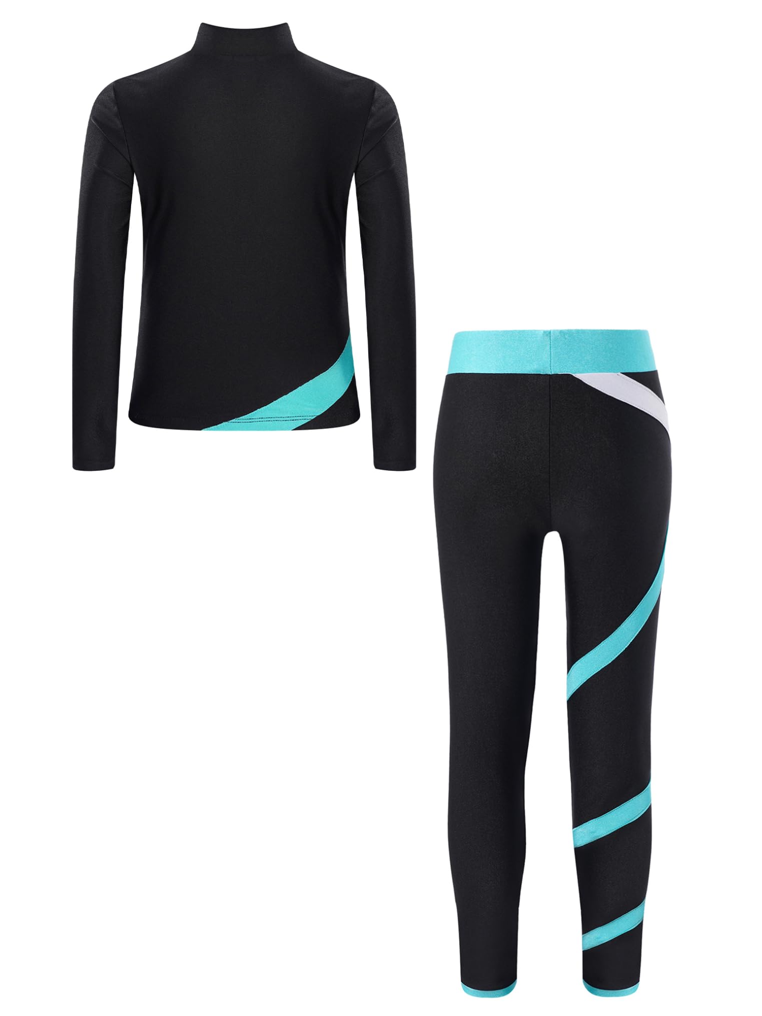 Freebily Kinder Trainingsanzüg Mädchen Eiskunstlauf Anzug Jacke Leggings Set Mit Strass-Stern Und Patchwork Eislaufen Sport Sweatsuit Tanzanzug Blaugrün 134-140