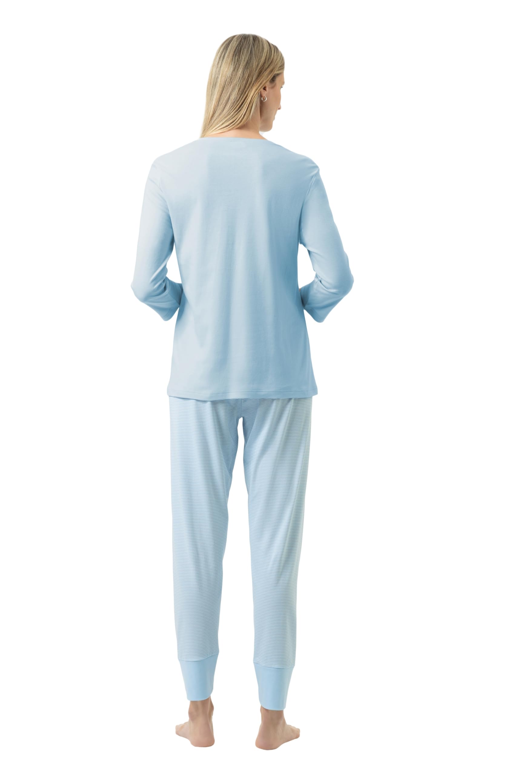 Mey Damen Anzug 7/8 lang, 3/4 Arm: 2-teiliger Pyjama, Legere Passform, Unifarbenes Shirt mit 3/4-Arm, Rundhalsausschnitt, Hose im Streifen-Look, Serie Simple Stripes
