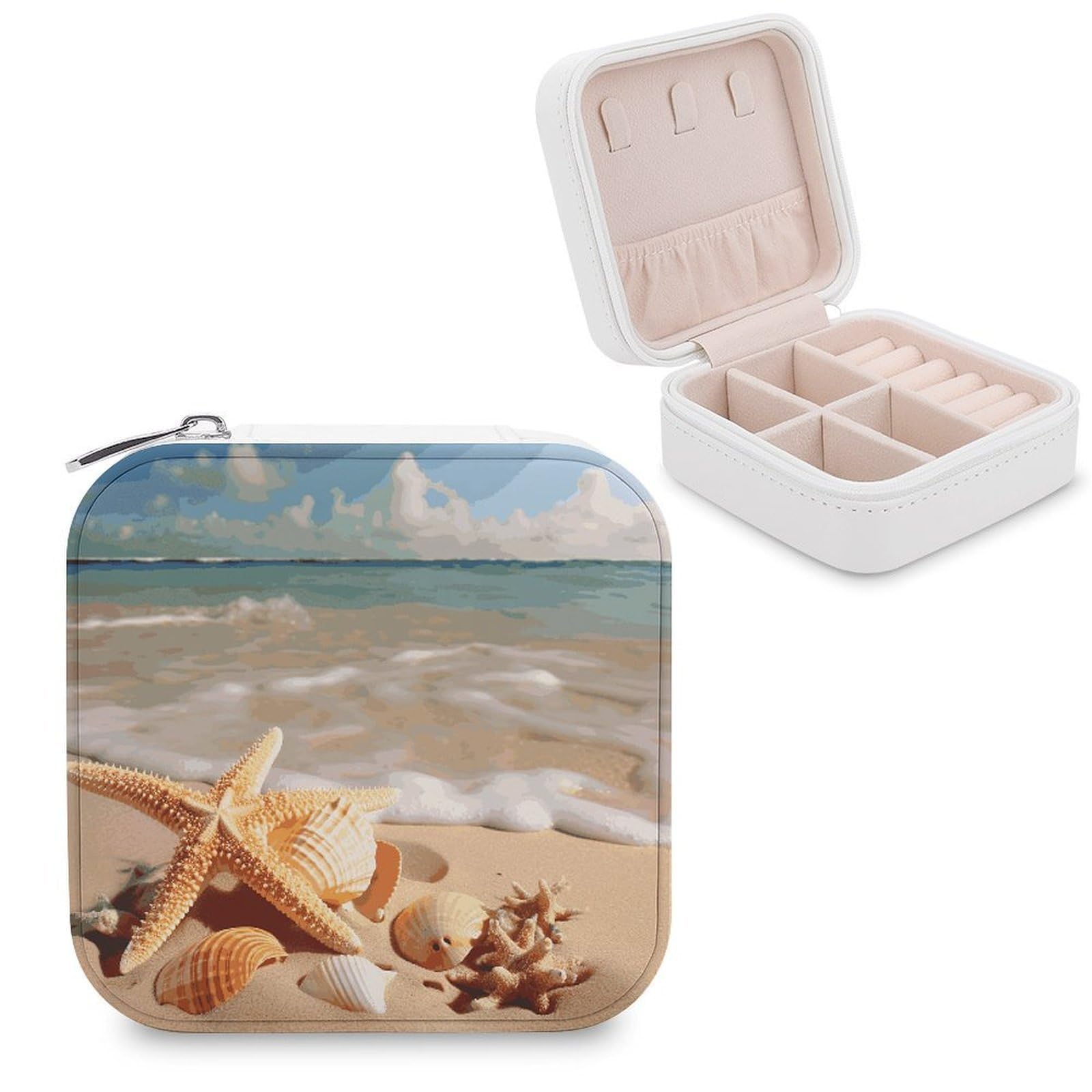 FekiLoot Seashells Starfish on Beach Jewelry Box Exquisite Jewelry Organizer Silver Gold Trinket Storage Case Multi Compartments Cute Earrings Ring Necklace Holder For Woman Household Gift