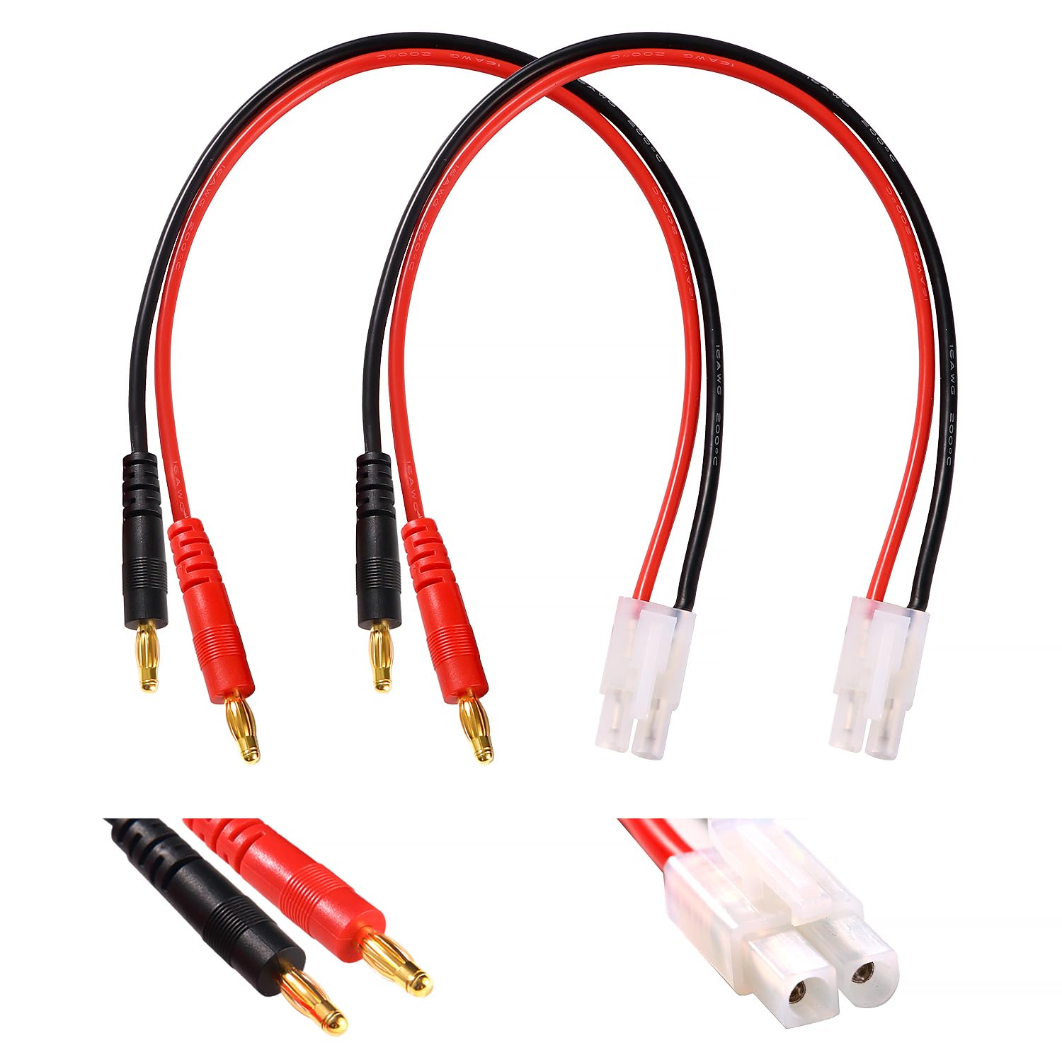 YIXISI 2 PCS Compatible with Tamiya to 4.0 Banana Plug RC Battery Charge Cable, Compatible with Tamiya Connector to 4.0 Banana Connector with 30cm 16AWG Silicone Cable, for RC Helicopter Quadcopter