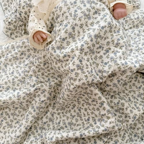 Image of BuLuTu Cotton Muslin Toddler Blanket Blue Floral Print Kids Quilts for Crib Cot Soft Lightweight Boys Girls Comforter for All Seasons, Machine Washable, 47x59 Inches
