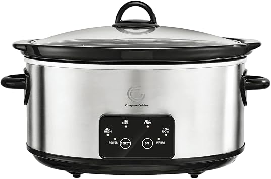 Complete Cuisine CC-6200-SS-PG 6-Quart Programmable Slow Cooker, Oval Stainless-Steel Slow Cooker with Glass Pot-Cooker Lid