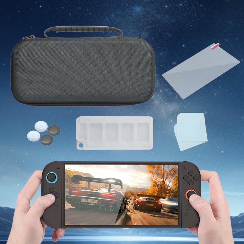 Gaming -Tragetasche for Switch 2 mit temperamentiertem Glasgriffabdeckung und Zubehör Set tragbarer Reisetasche