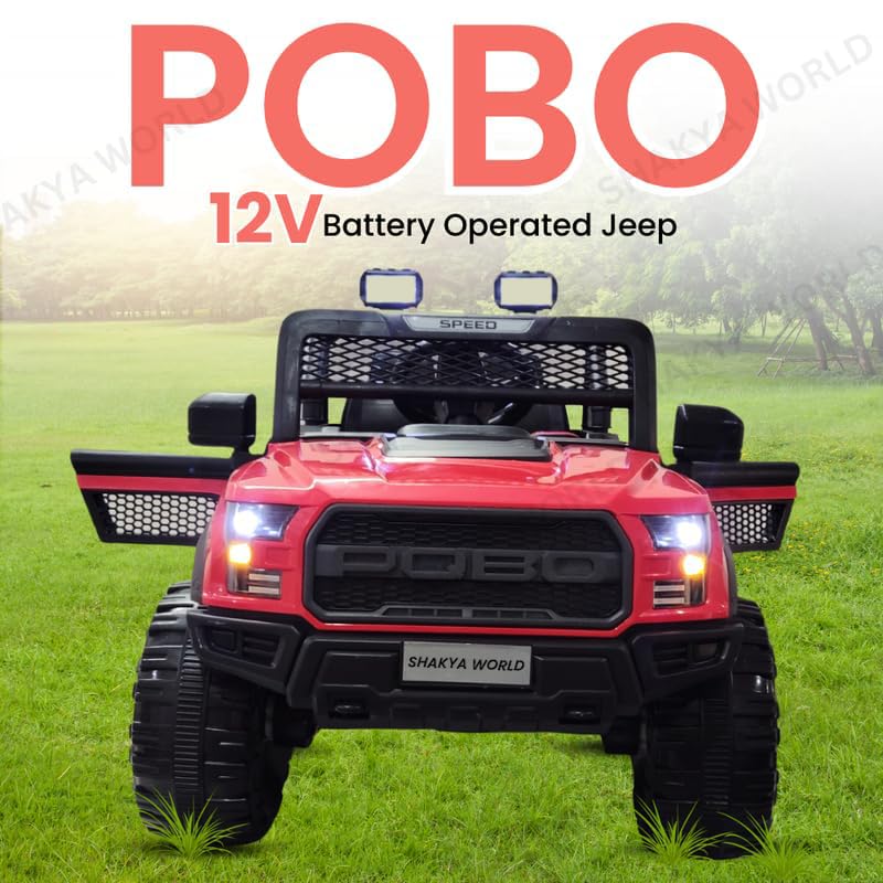 Image of SHAKYA WORLD POBO Battery Operated Jeep for Kids 1 to 8 Years Ride on with Music & Light Electric Car Jeep, Red