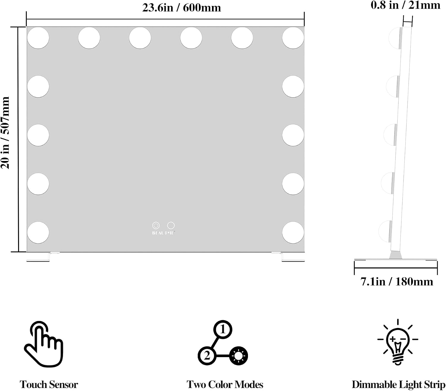 BEAUTME Vanity Mirror with Lights, Touch Control, White 20 x 23.6 Inch
