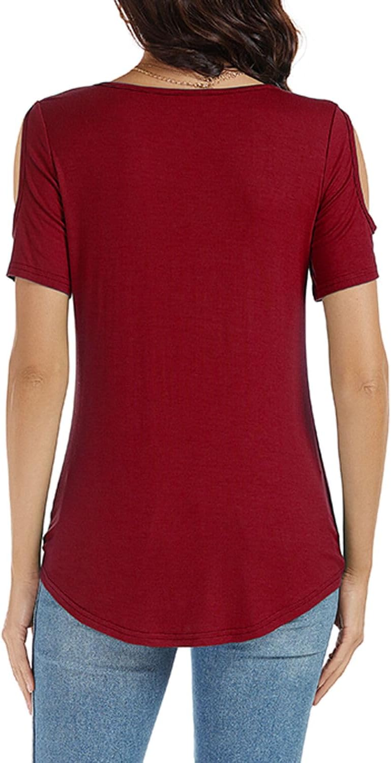 LEIYEE Womens Summer Cold Shoulder Tops Sexy Casual Short Sleeve Wrap V Neck T Shirts Cute Loose Fit Blouse - Image 2