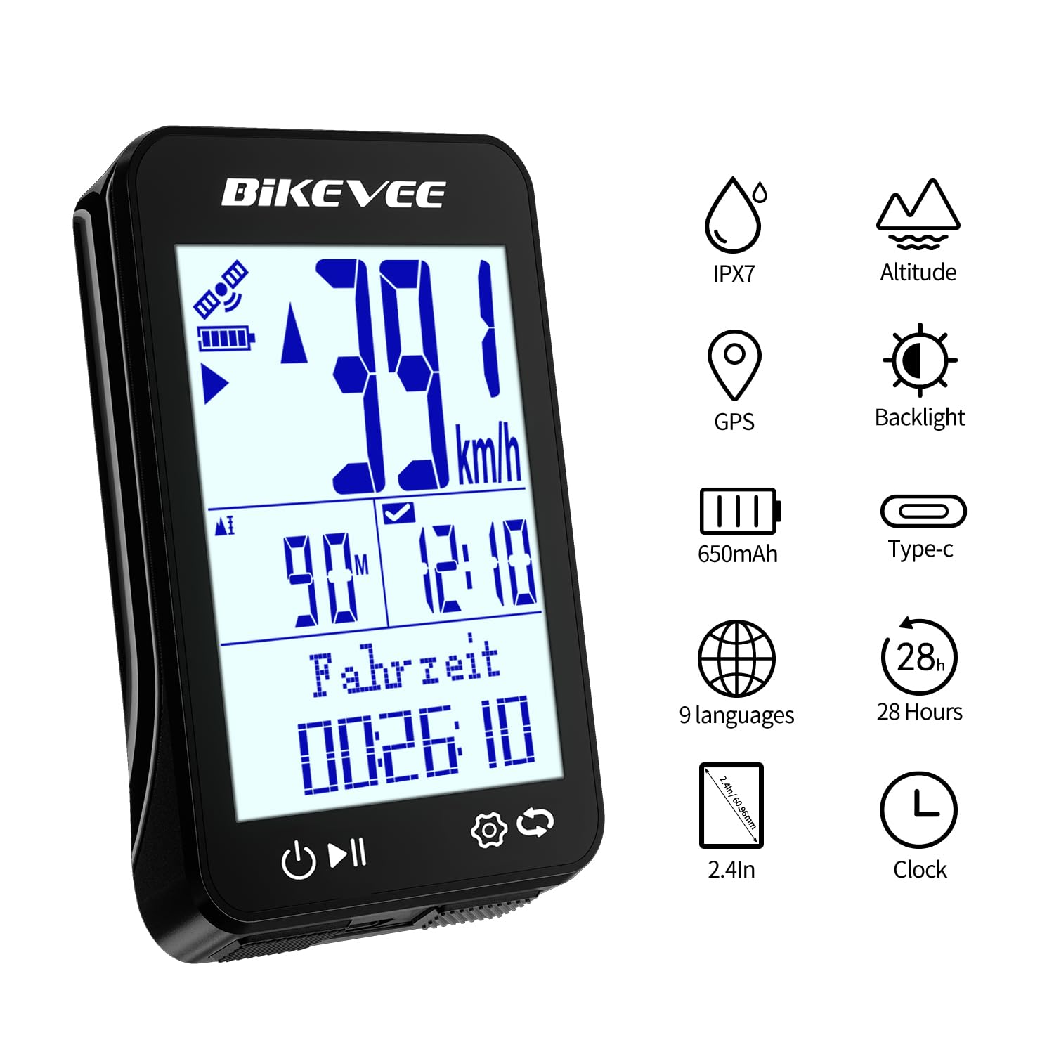 GPS Fahrradcomputer Kabellos IPX7 Wasserdicht 2.4'' FSTN Display 28H Akku