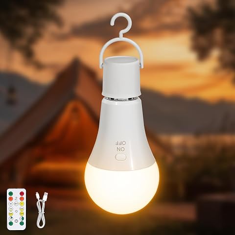 Kimjo E27 7 W Rechargeable Light Bulb with Remote Control, 3 Color | Dimmable, Battery Operated Light Bulb with Hook, Botton Control, Timer, A19 Wireless Light Bulb for Lamp Camping