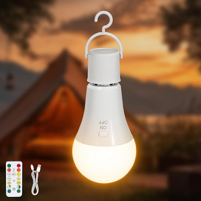 Kimjo E27 7 W Rechargeable Light Bulb with Remote Control, 3 Color | Dimmable, Battery Operated Light Bulb with Hook, Botton Control, Timer, A19 Wireless Light Bulb for Lamp Camping