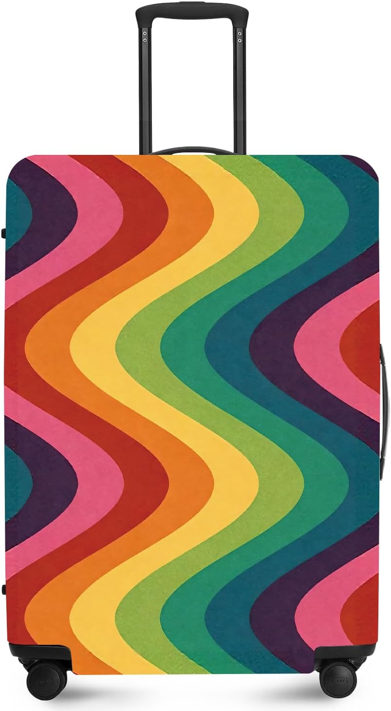 ANNA QUEEN Rainbow Waves Luggage Cover for 32-34 Inch Large Suitcase, Colorful Wavy Stripe Suitcase Protector, Stretch Fabric Anti-Scratch Dustproof Washable Travel Sleeve