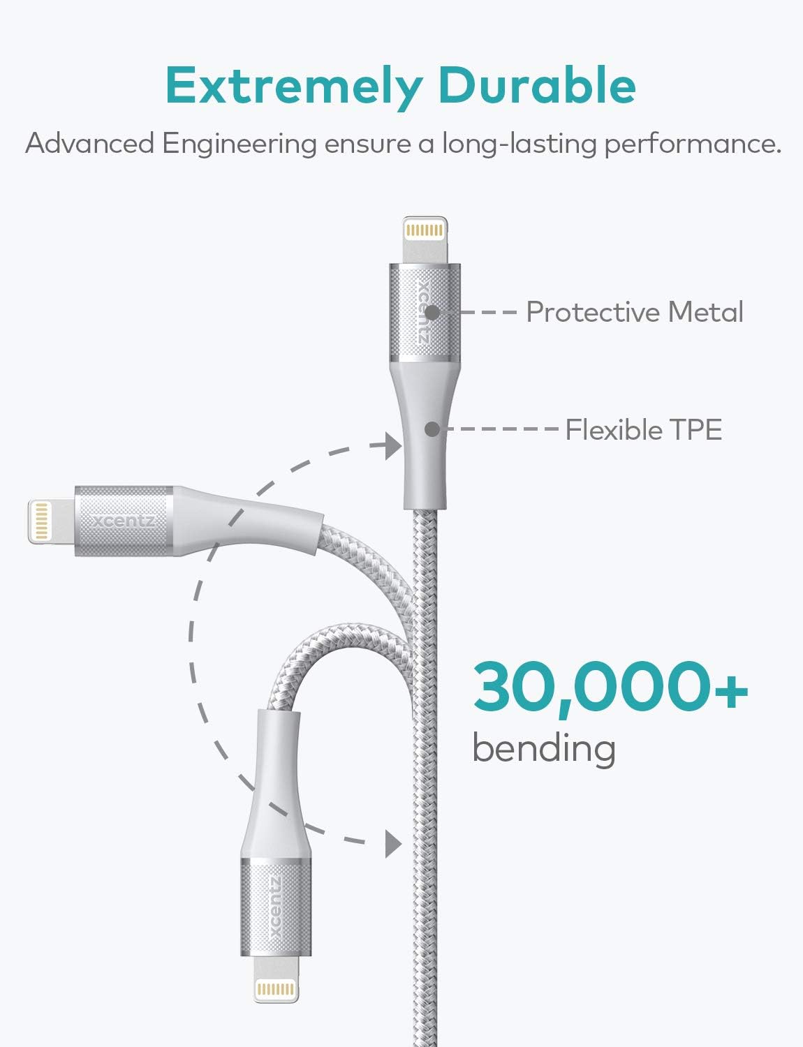 xcentz iPhone Charger 6ft, MFi Certified iPad Charger Lightning Cable Braided Nylon Charging iPhone Cable with Premium Metal Connector for iPhone 11/11 Pro/X/XS/XR/XS Max, iPad Mini-Silver