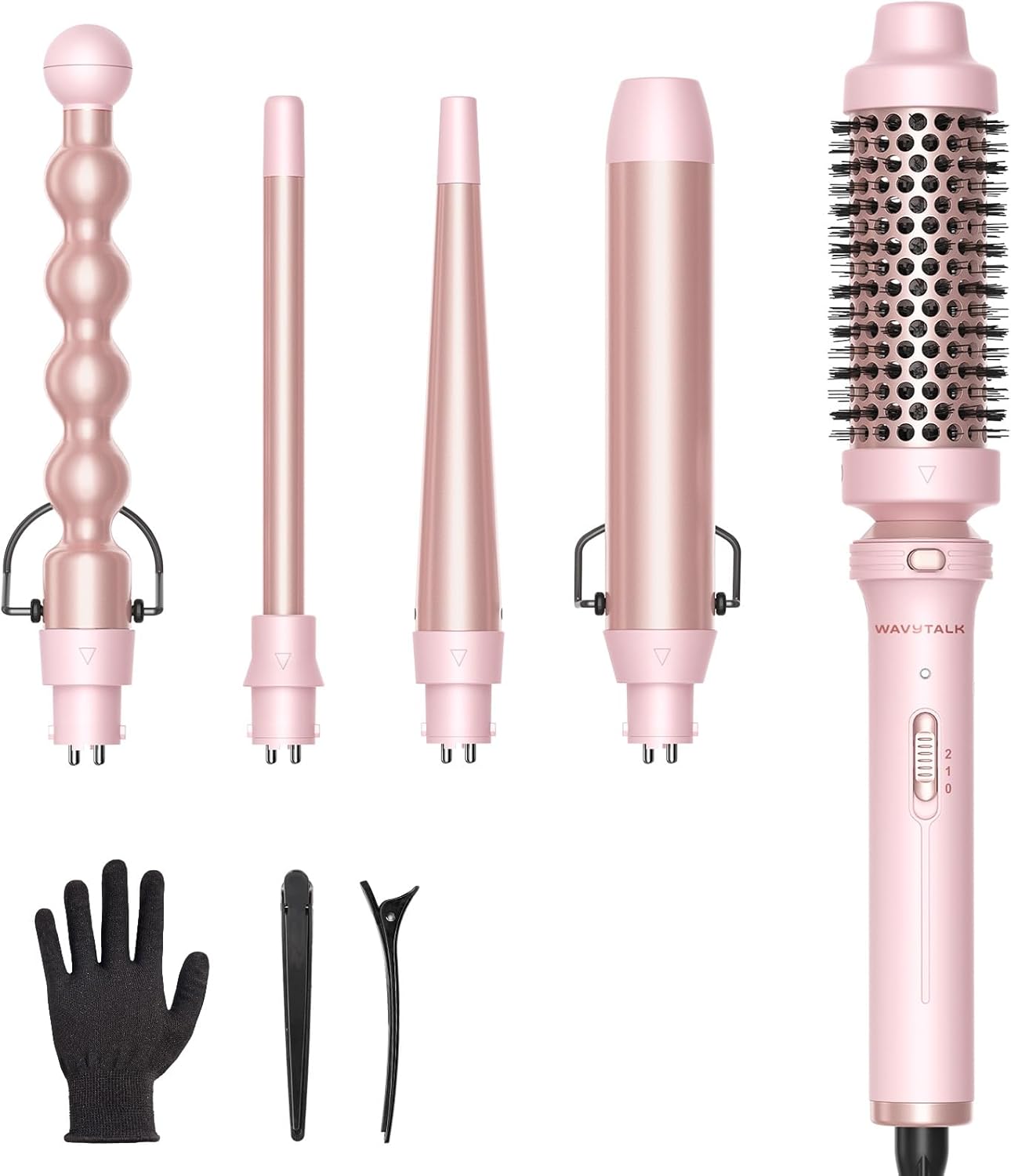 Wavytalk 5 in 1 Curling Iron,Curling Wand Set with Curling Brush and 4 Interchangeable Ceramic Curling Wand(0.5”-1.25”),Instant Heat Up,Include Heat Protective Glove & 2 Clips (Pink)