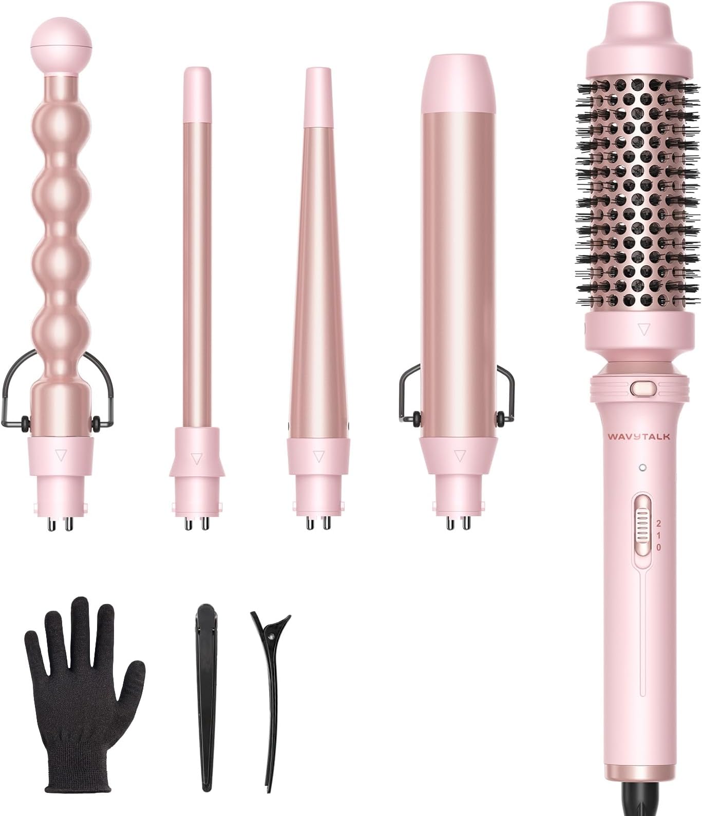 5 in 1 Curling Iron,Curling Wand Set with Curling Brush and 4 Interchangeable Ceramic Curling Wand(0.5”-1.25”),Instant Heat Up,Include Heat Protective Glove & 2 Clips (Pink)