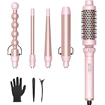 Wavytalk 5 in 1 Curling Iron,Curling Wand Set with Curling Brush and 4 Interchangeable Ceramic Curling Wand(0.5&rdquo;-1.25&rdquo;),Instant Heat Up,Include Heat Protective Glove &amp; 2 Clips (Pink)