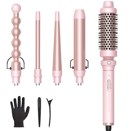 Wavytalk 5 in 1 Curling Iron,Curling Wand Set with Curling Brush and 4 Interchangeable Ceramic Curling Wand(0.5”-1.25”),Instant Heat Up,Include Heat Protective Glove & 2 Clips (Pink) - Pink - Curling Wand (0.5"-1.25" )