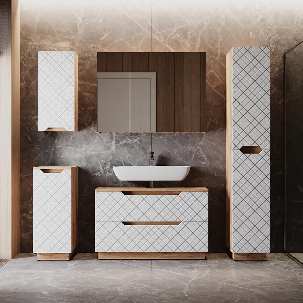 Vicco Szafka z lustrem w łazience "Lotta", Dąb, 99.7 x 73.2 cm | z 3 drzwiami, pour montage mural avec miroir intégré et espaces de rangement