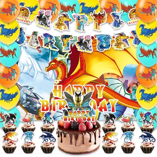 Fuyhiuous 42pcs wings of fire Birthday Party Supplies Pack Includes,Banner,Cake Topper,Blackdrop,Balloons for wings of fire party supplies