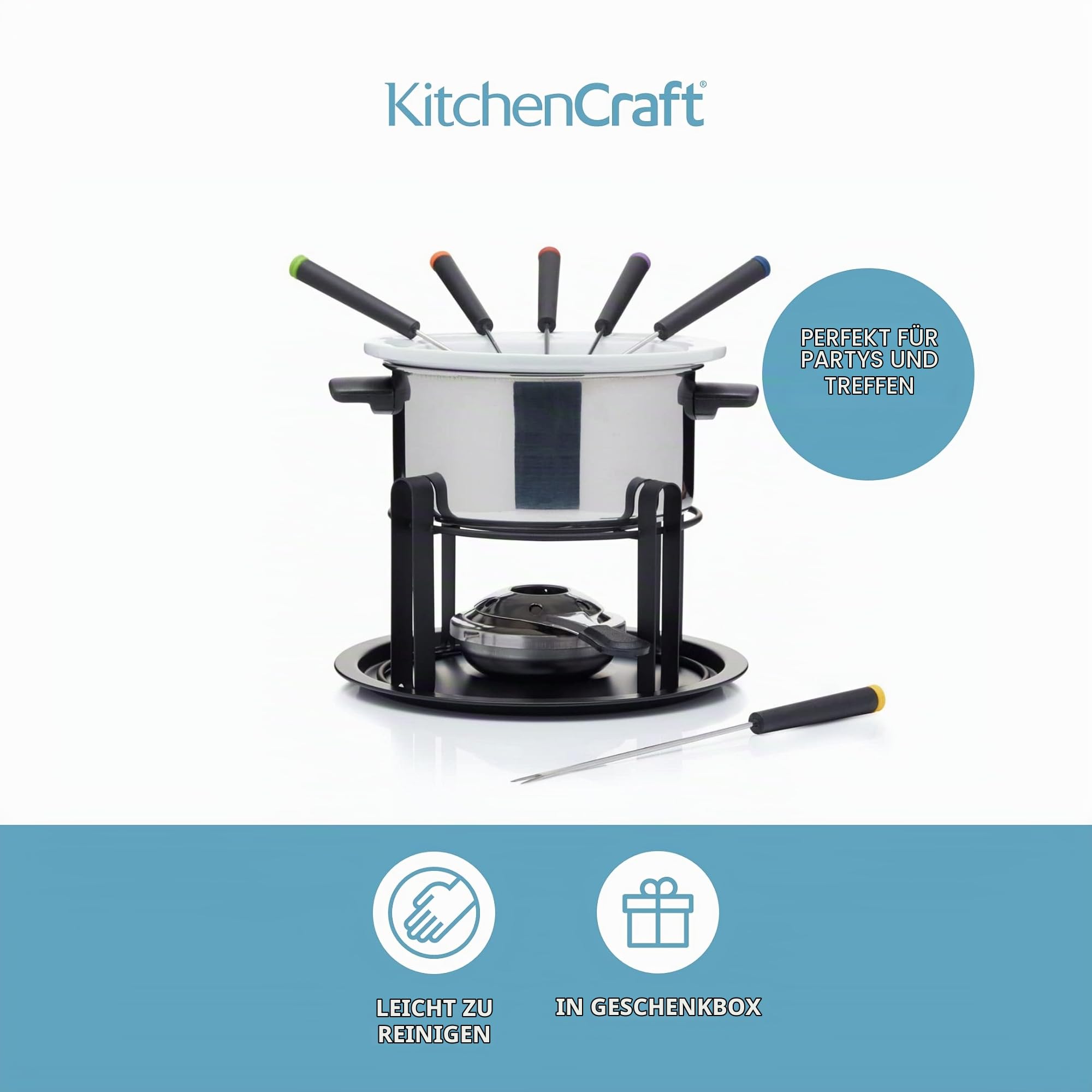 KitchenCraft 3-in-1 Fondue-Set mit farbcodierten Fondue-Gabeln (für Schokoladen-, Fleisch- und Käsefondue), Silber