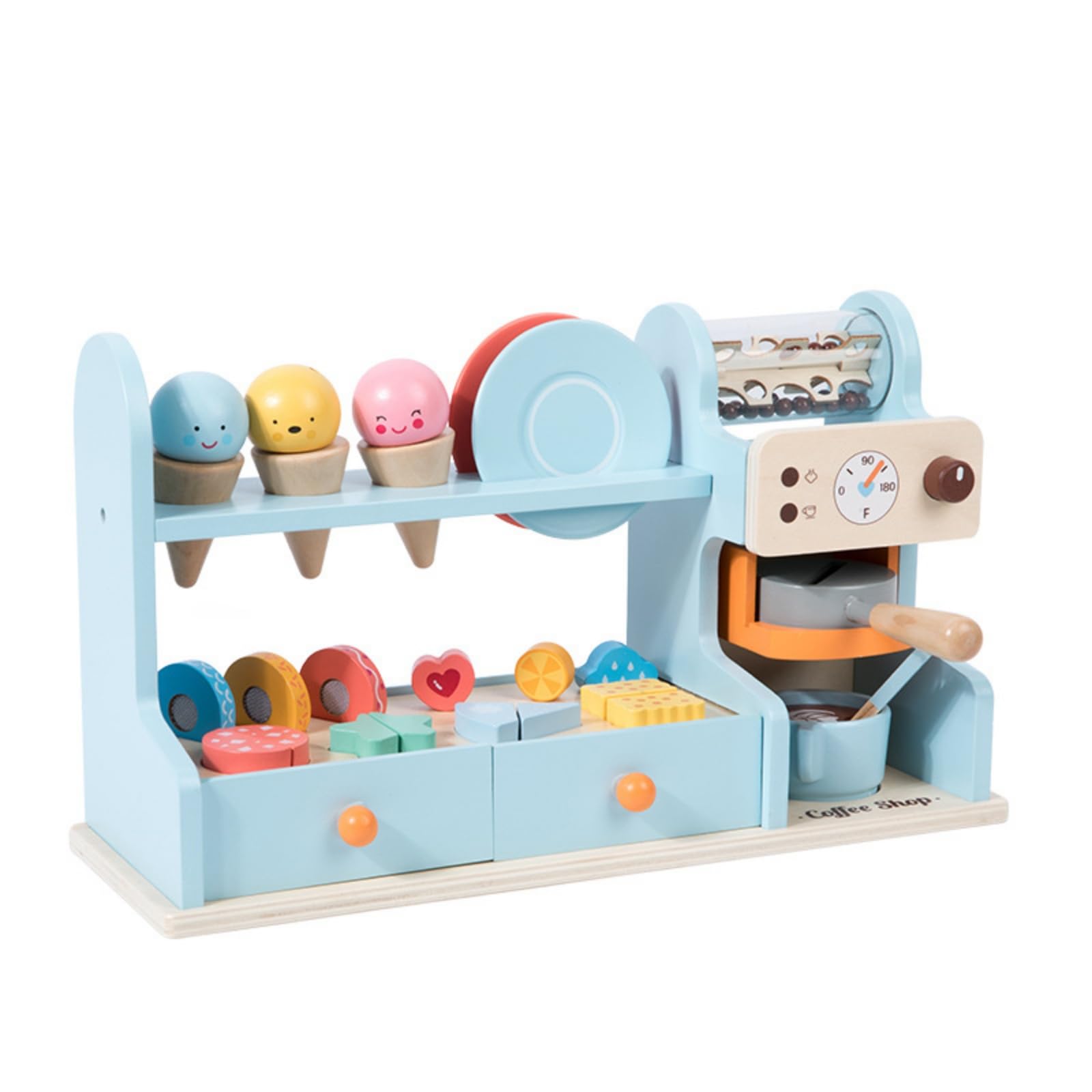 Colcolo Kinder Spielküche Holz Spielset Küche Marktstand Theke Kaffee Bereich Zubehör EIS Dessert Tassen Karten Rollenspiel , Koreanischer Eiscreme-Kaffeeladen Blau Für Jungen