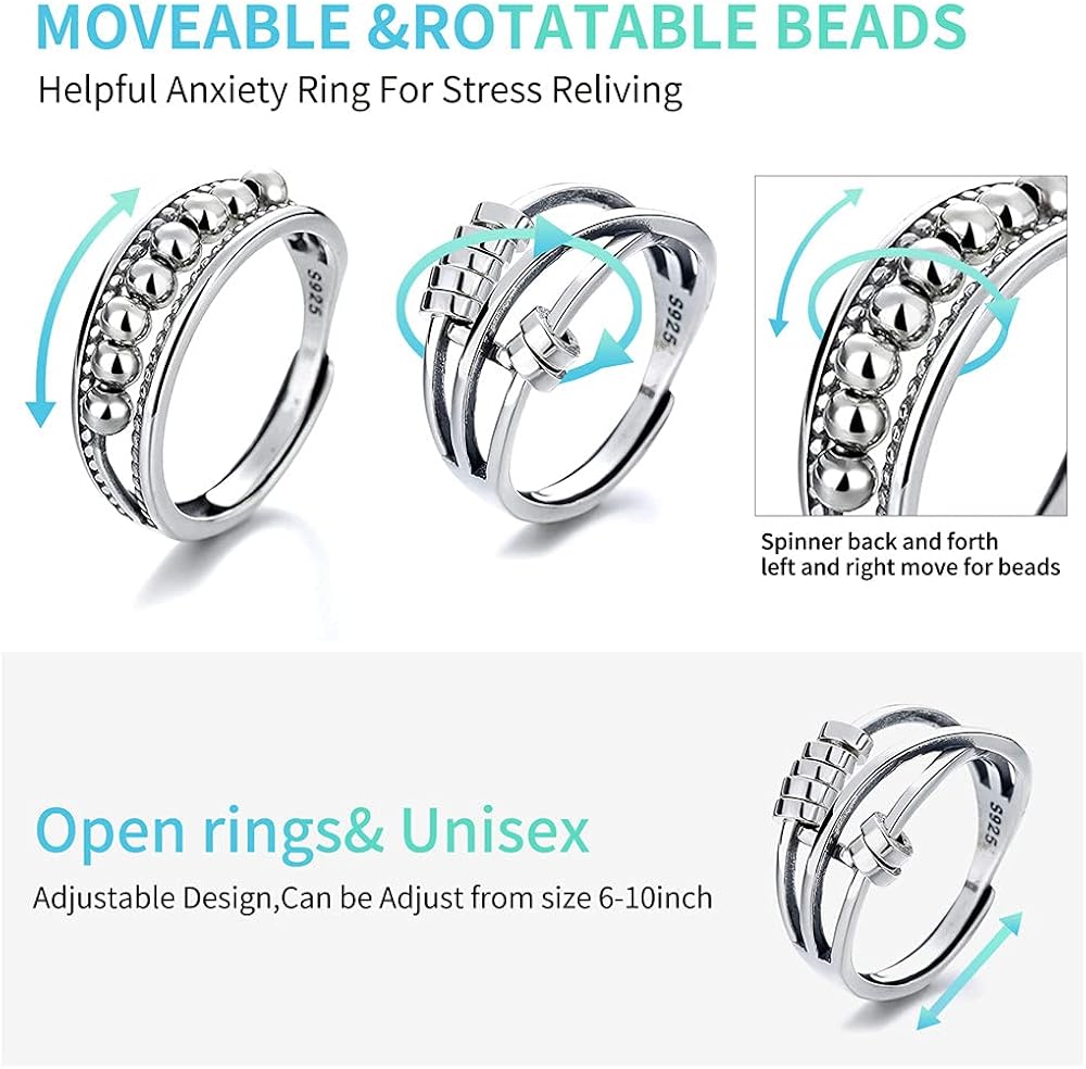 Miniatura 2 de LETINE 2 anillos antiansiedad para mujeres y hombres anillo giratorio con cuentas anillos giratorios para la ansiedad unisex ajustable y apilable