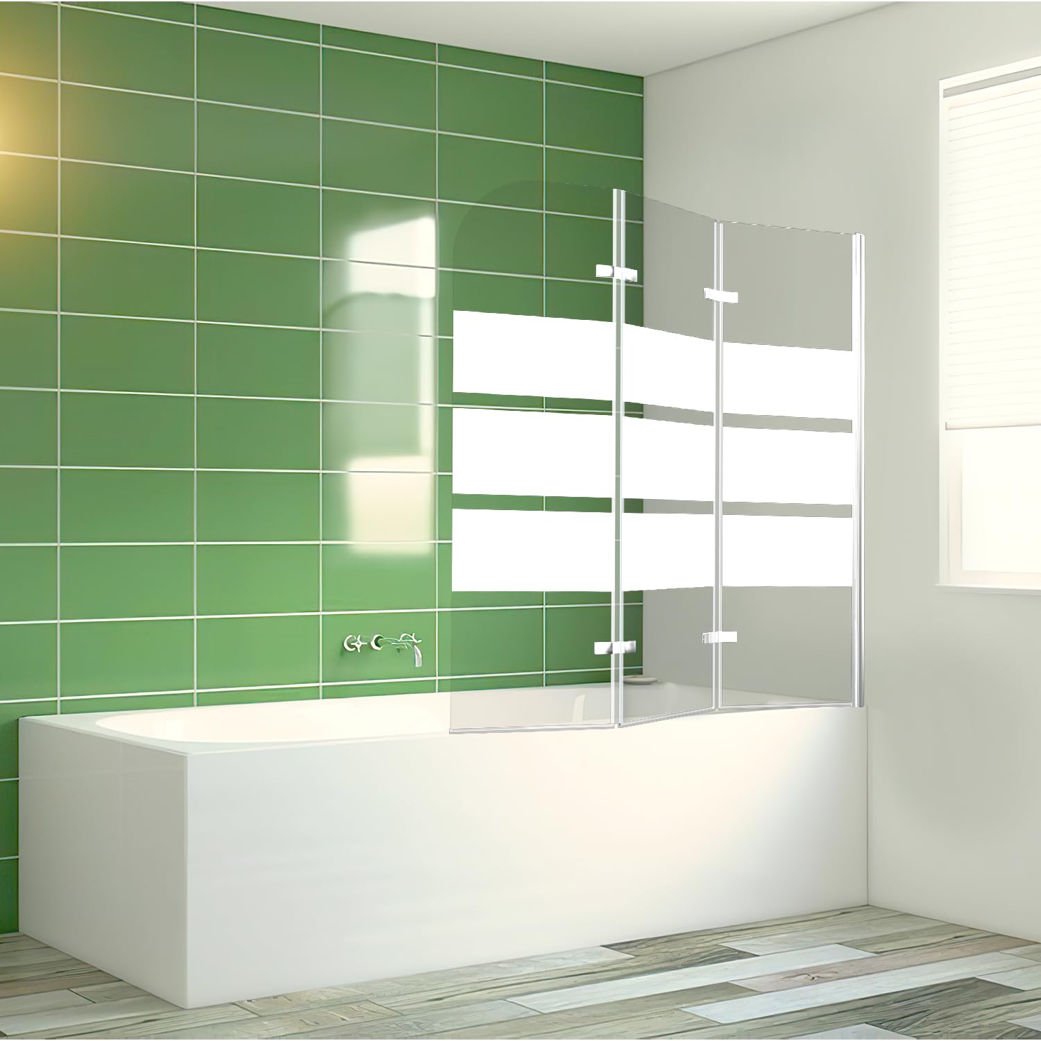 Mampara de ducha para bañera, 120 x 140 cm, 3 piezas, plegable, cristal de seguridad templado de 6 mm, diseño de rayas blancas, pared de bañera con accesorio de bañera