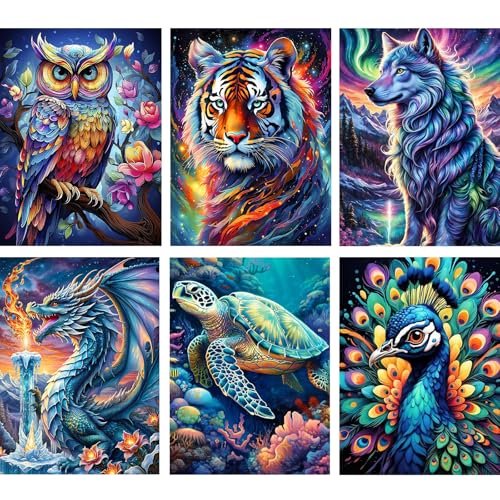 6 Packs Animals Diamond Painting Adults, 5D DIY Diamond Painting Fantasy Animals Kits for Adults Beginners, Full Drill Round Diamond Art Pictures Craft Set Gifts 30X40cm