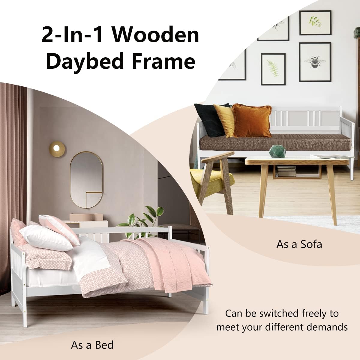 KOTEK Twin Daybed Frame, Wooden Sofa Bed Guest Bed with Rails, Platform Bed Frame Twin Size for Living Room, Bedroom (White)