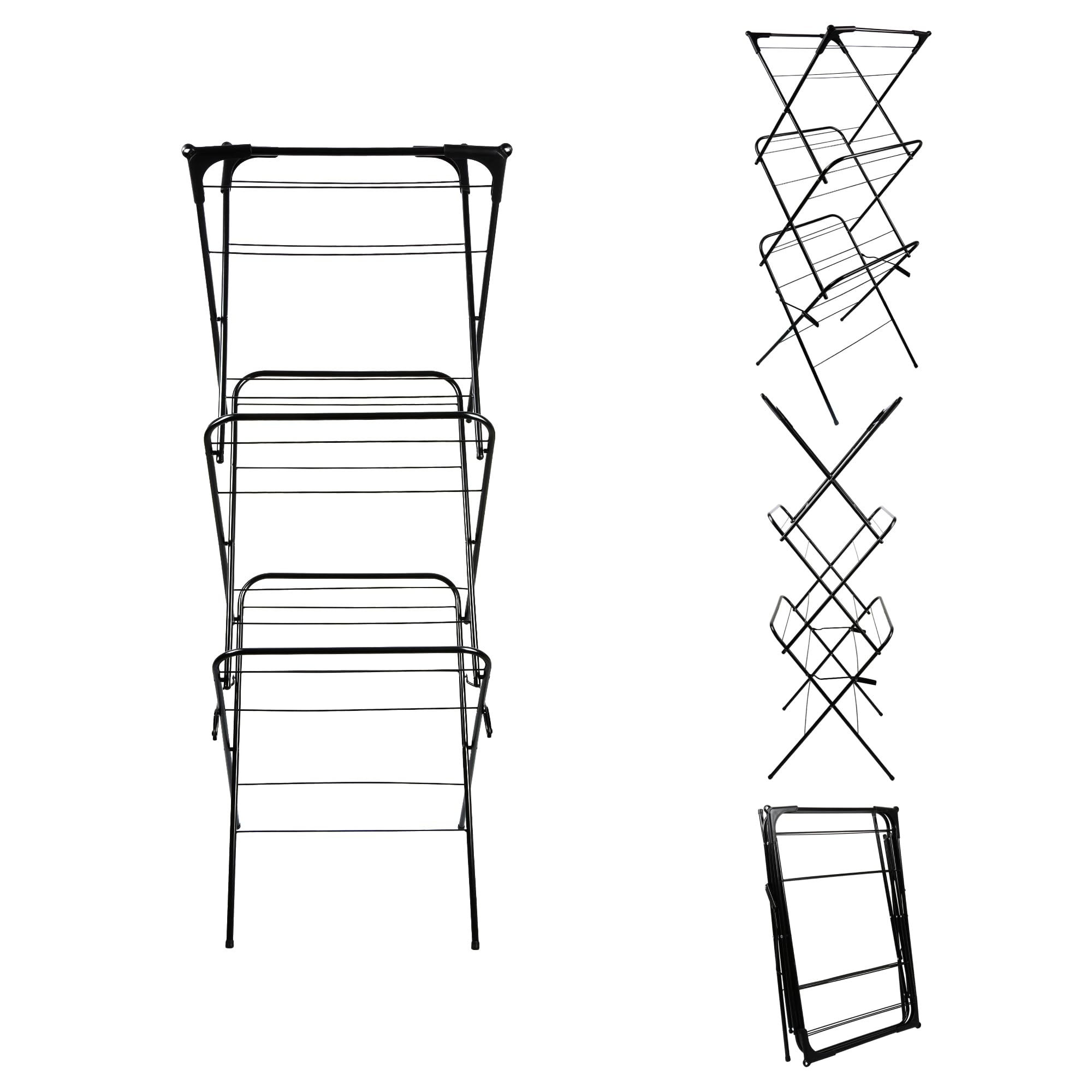 Étendoir à linge pliable noir à 3 niveaux et 24 barres de séchage intérieur