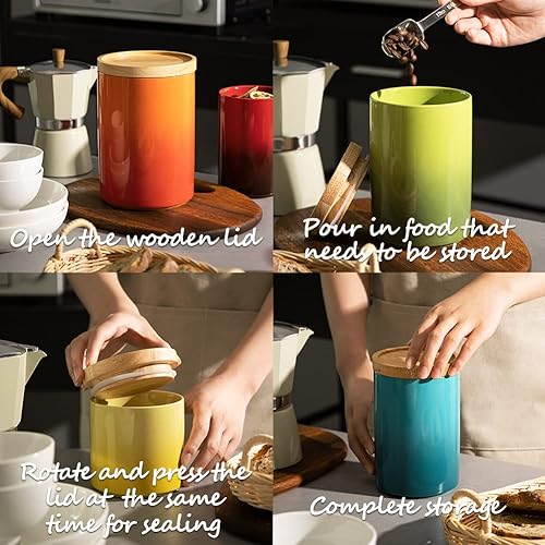 Miniatura 4 de Sweejar Tarro de cerámica para almacenar alimentos, recipientes de cocina apilables, recipientes con tapa de madera hermética para servir café