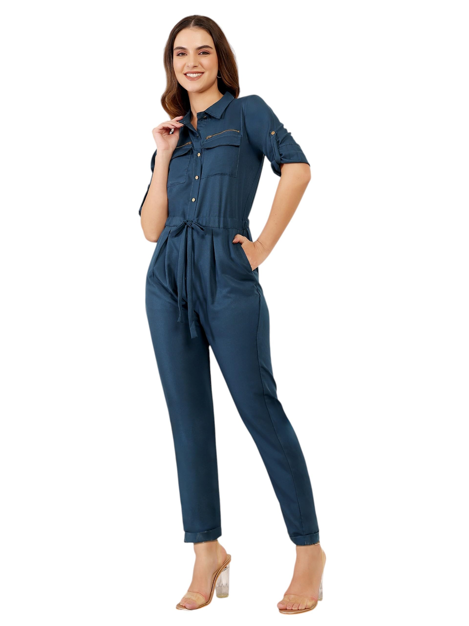 miss chase Women's Collared V-Neck 3/4 Sleeves Straight Leg Tie-Up Belted Wrap Jumpsuit-picture-32