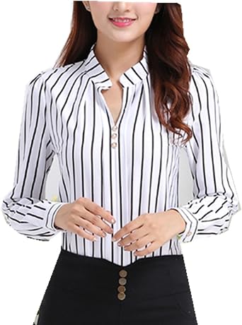 Women V-Neck Stripe Long Sleeve OL Chiffon Button Shirt Blouse Tops