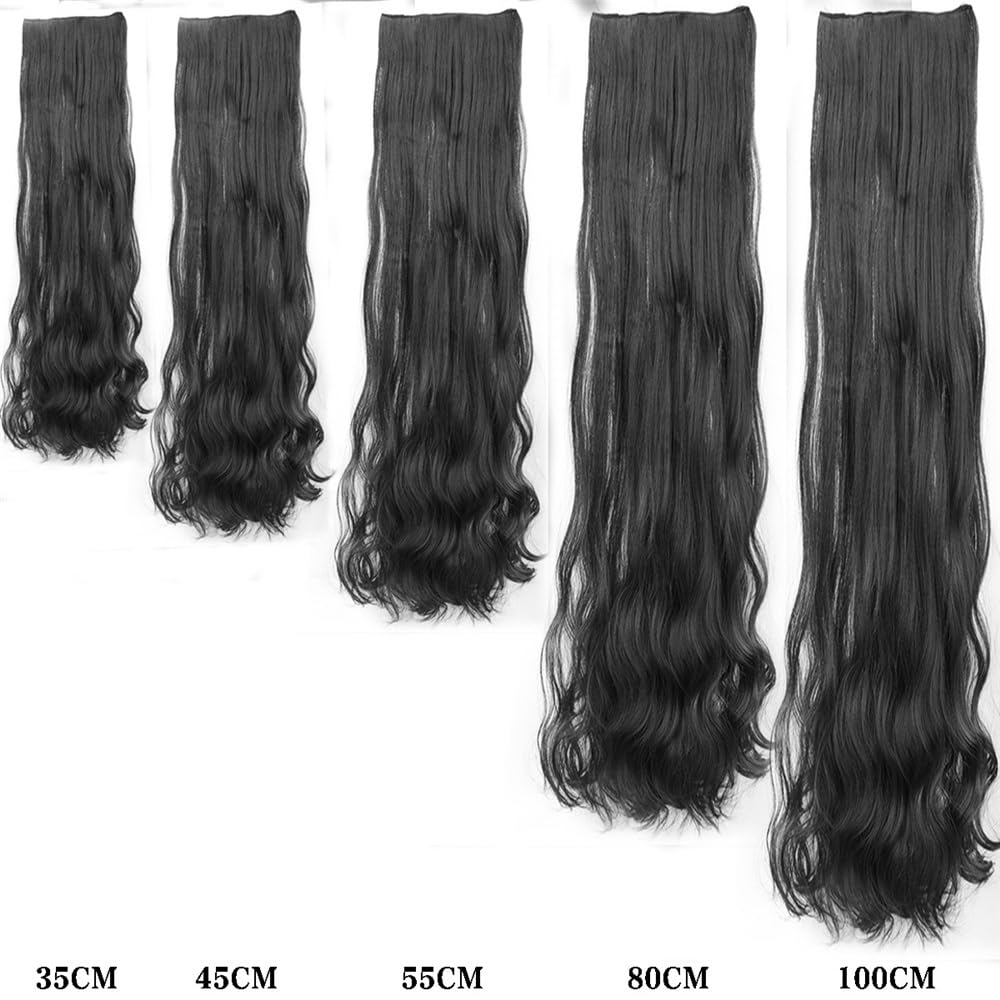 Przedłużanie włosów Doczepy z długimi falami Jednoczęściowe doczepy syntetyczne 14 18 22 32 40 cali Naturalne czarne doczepiane włosy 5 spinkami(14inches)