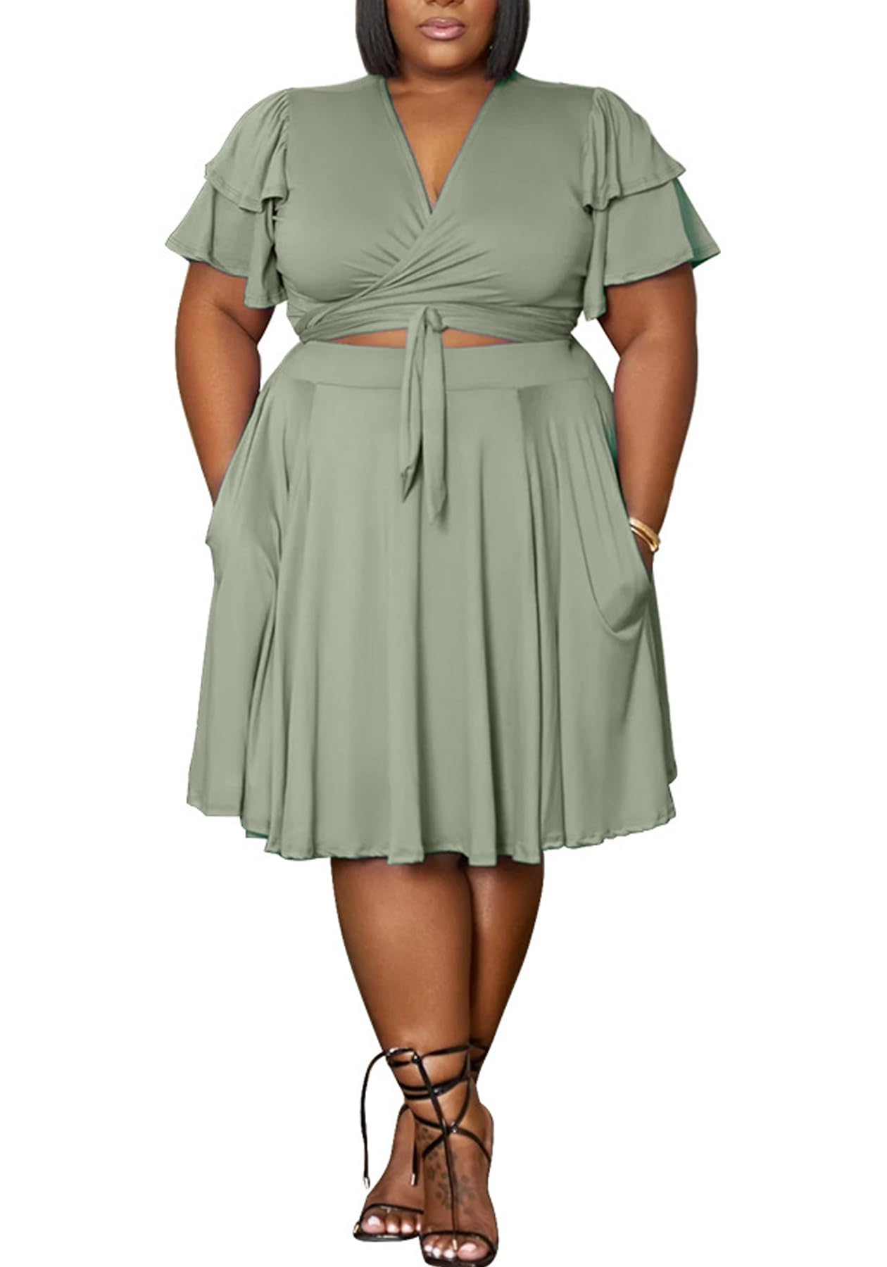 Women's Summer Plus Size 2 Piece Outfits Casual Short Sleeve Bandage Wrap Empire Crop Tops and Midi Skirt Sets