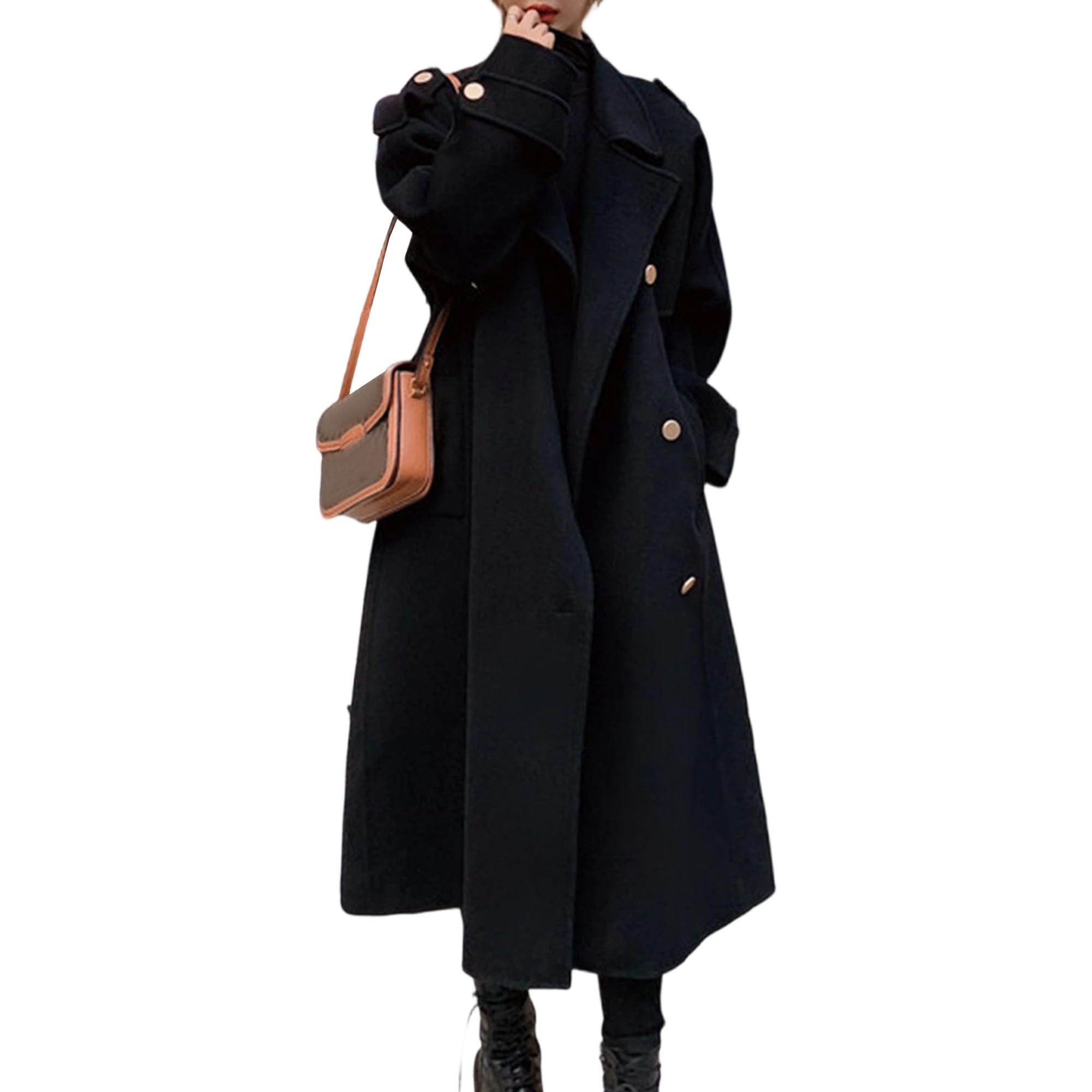 Cappotti lunghi da donna, cappotto sopra il ginocchio in finta lana alla moda, giacca invernale doppiopetto con revers a lancia e cintura