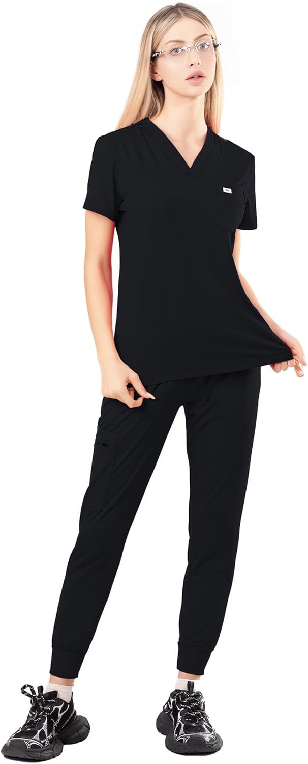 Meidiero Scurbs for Women Set, Classic V-Neck Scrub Top & Jogger Pant, Cool Stretch Medical Uniform