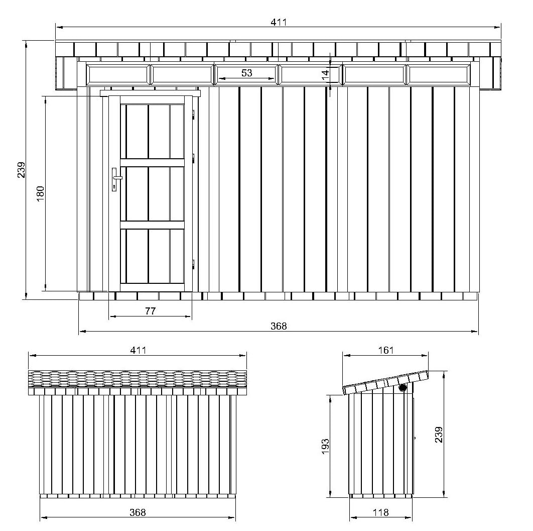 Domek narzędziowy 4,3 m² - Dł. 161 x Szer. 411 cm - Zestaw all-inclusive z podłogą, dachówką bitumiczną, zestawem do malowania - Wykonany z płyt drewnopochodnych LP Smartside - M902 TERRA BROWN