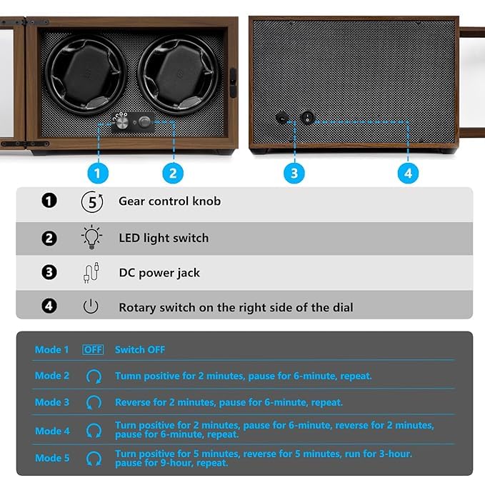 Image of Bequest Dual Watch Winders for Automatic Watches, Double Watch Winder Box for Rolex,4 Rotation Mode Setting,Blue Light,Elastic Watch Pillows for Lady and Man Watches, Brown, Business, High-end,Brown,