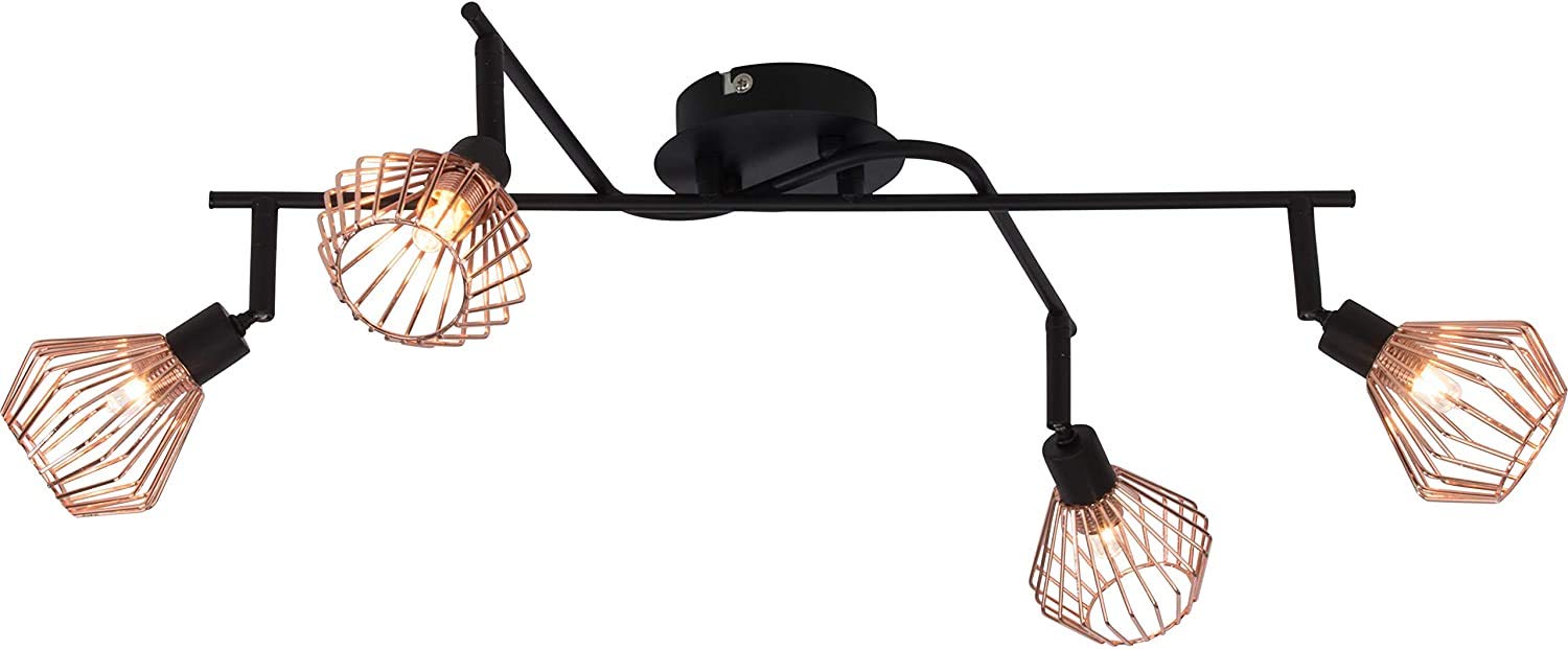 Lightbox LED Deckenstrahler 4 flammig - Deckenspot mit stilvollen Draht-Schirmen und schwenkbaren Köpfen - Metall Schwarz/Kupfer