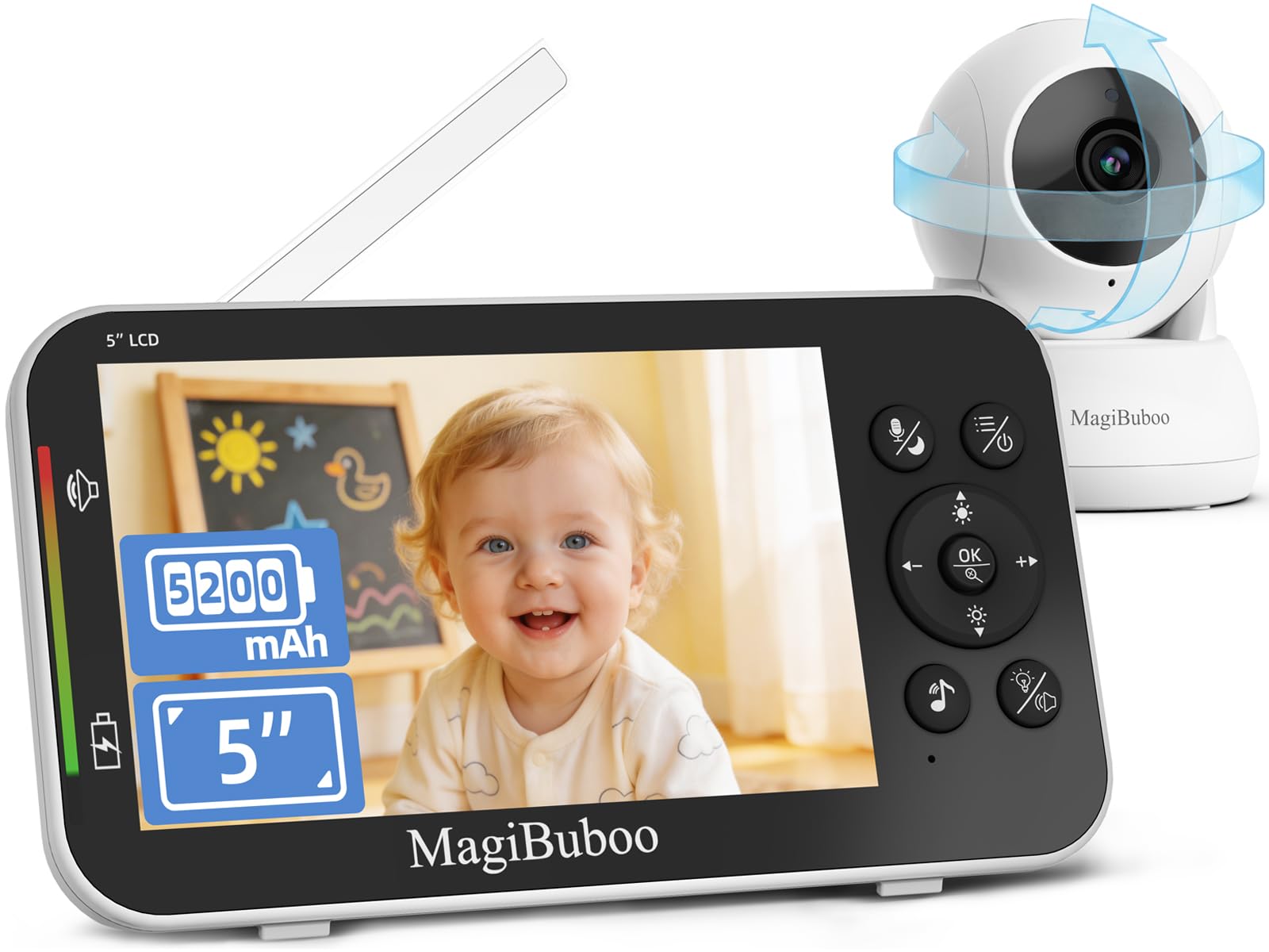 Vigilabebés con cámara sin wifi, monitor de bebé con visión nocturna por infrarrojos, con cámara, batería de 5200 mAh, batería de 5 pulgadas, 720p, pantalla IPS, vídeo vigilabebés de 2 vías, audio de