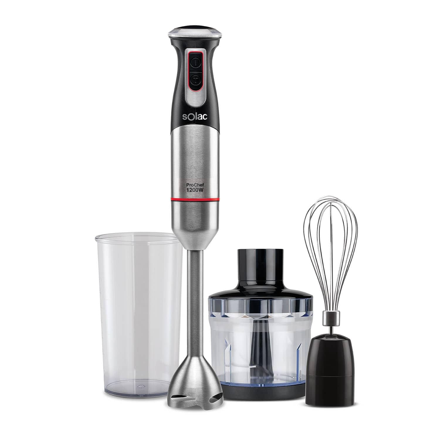 SOLAC ProChef 1200 - Batidora de mano y accesorios 1200 W - Funcin turbo - Cuchilla y pie de acero inoxidable - Gris, negro y rojo