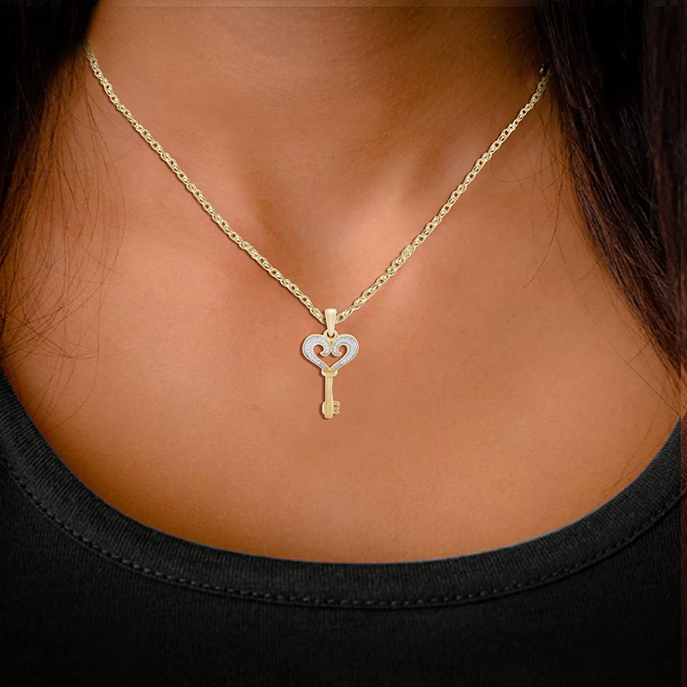 1/10 Carat (ctw) Round Cut White Diamond Love Heart Key Pendant Necklace In 925 Sterling Silver Jewelry For Women With 18" Chain (H-I Color, I1-I2 Clarity)