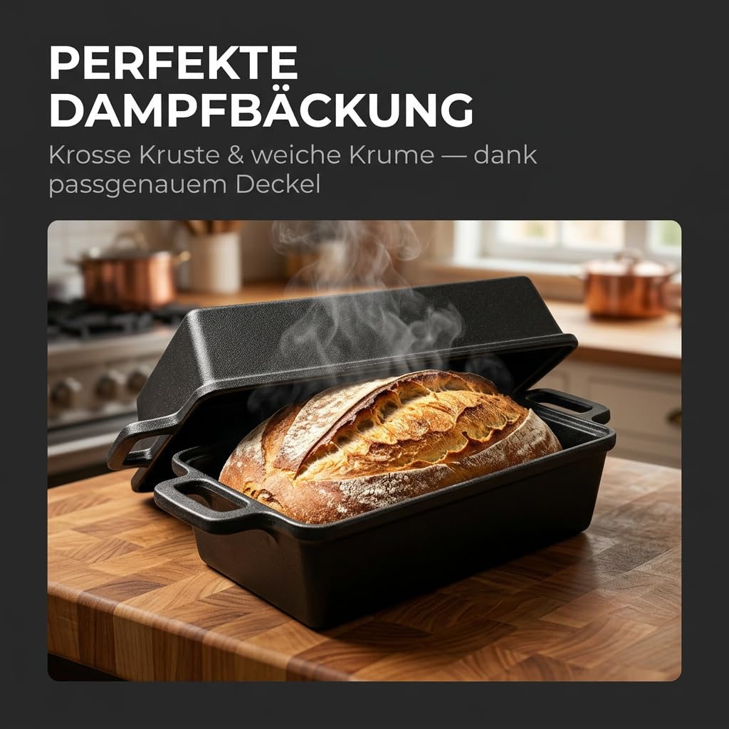 Brotbackform mit Deckel Gusseisen - Ideal als Kastenform, Toastbrot Backform, Brotform, Gusseisen Topf Brot backen Zubehör, Brottopf (25CM)