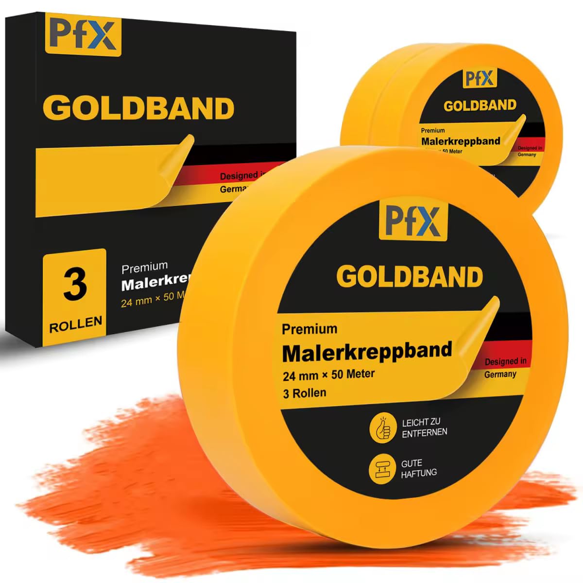 Taśma malarska PfX Goldband – 3 x taśma malarska 24 mm x 50 m (rolka), profesjonalna taśma maskująca, taśma Washi Tape, złota taśma papierowa, samoprzylepna, czyste krawędzie i precyzyjne naklejanie